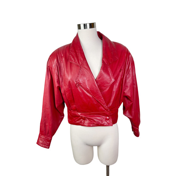 Vintage 1980's Red Leather Cropped Pelle Cuir Moto Jacket - Lined - Size M - Picture 2 of 10